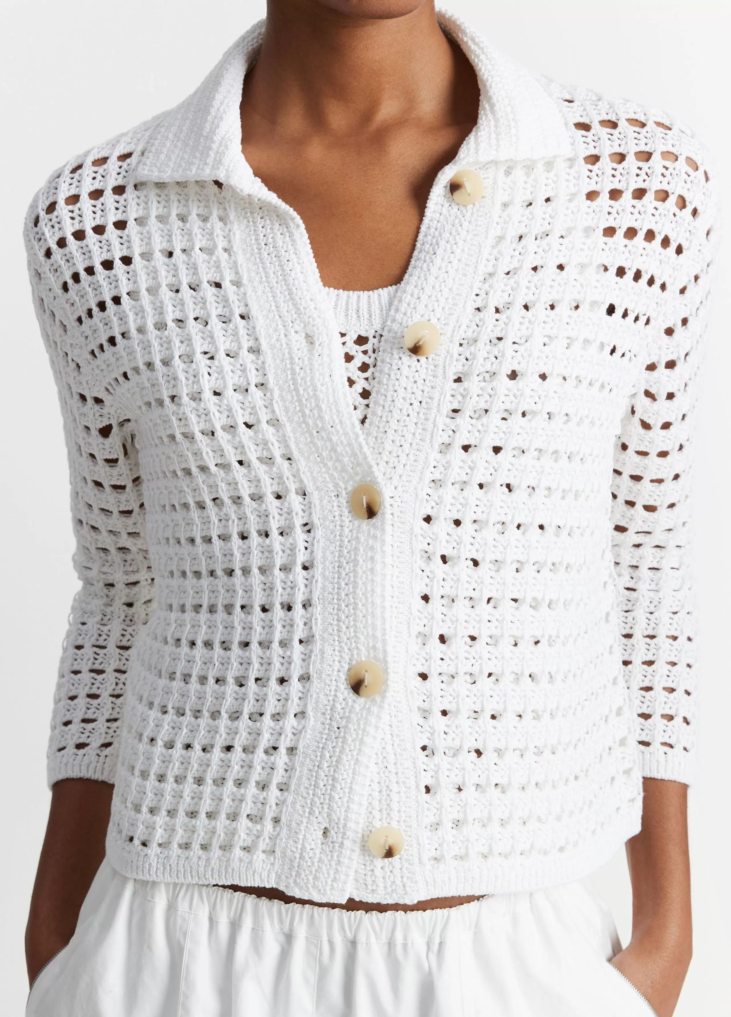 Women Vince Block-Stitch Cotton Three-Quarter-Sleeve Cardigan