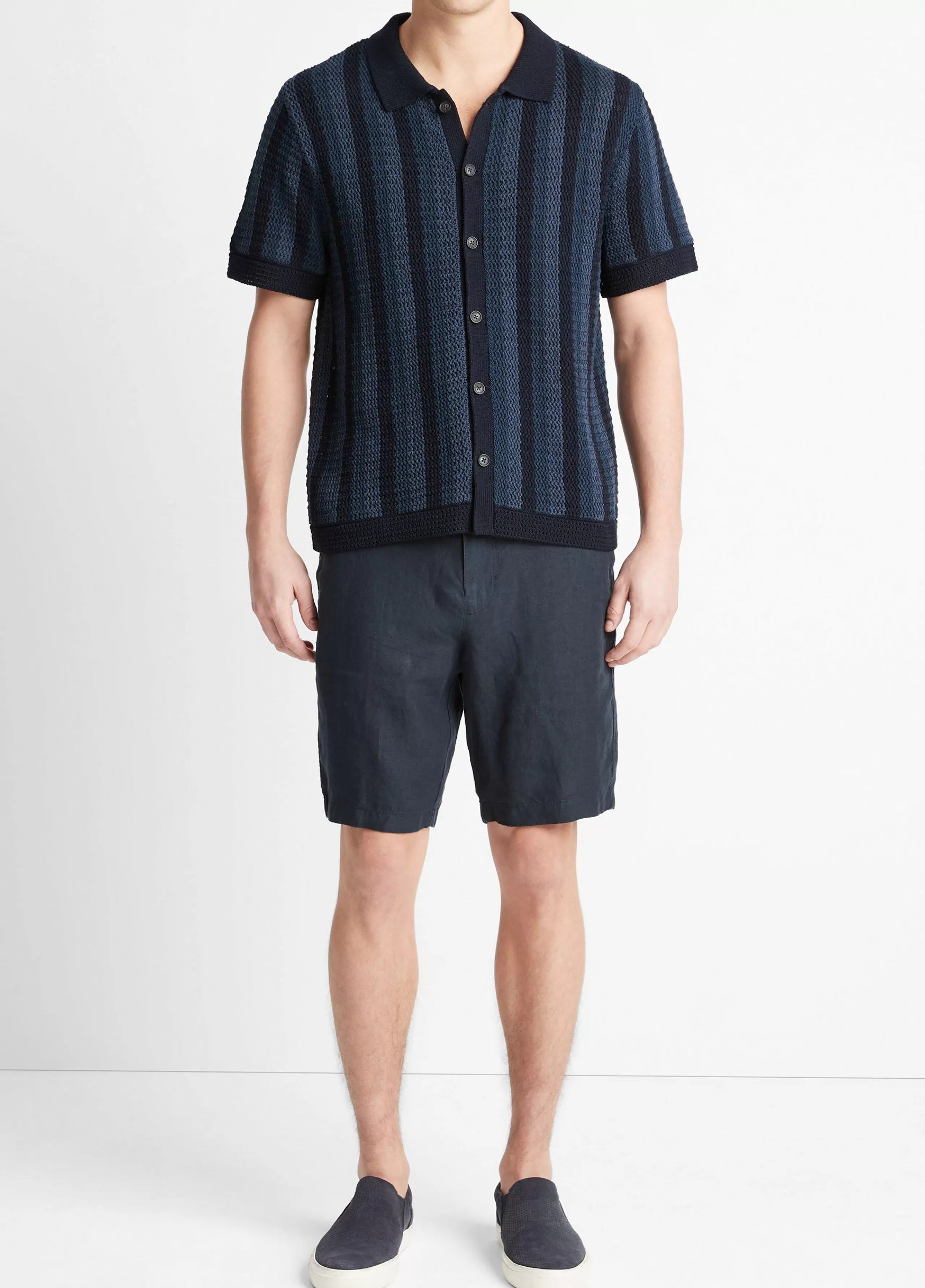 Vince Crochet Stripe Short-Sleeve Button-Front Shirt