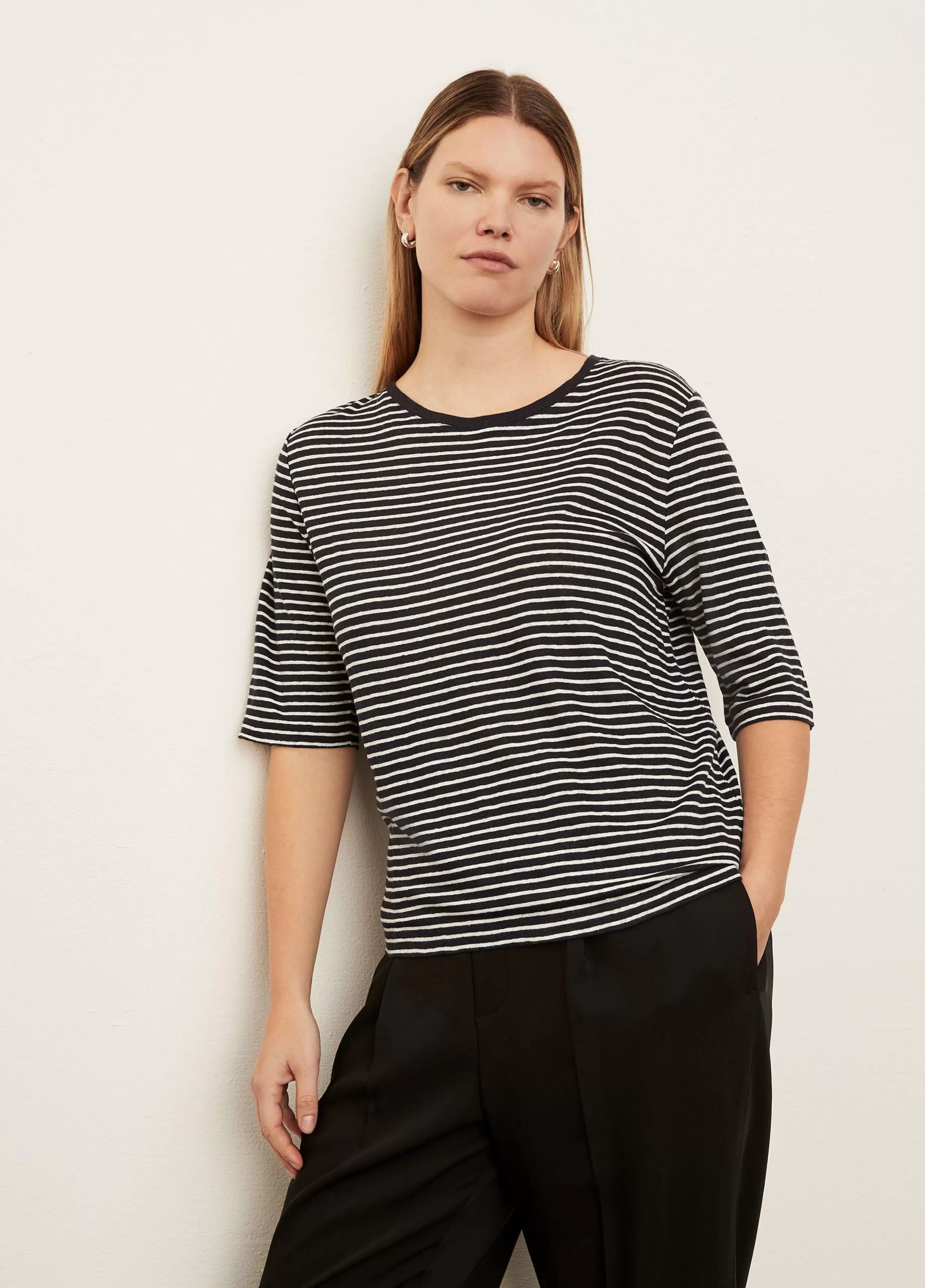 Women Vince Striped Linen Elbow Sleeve Crew Neck T-Shirt