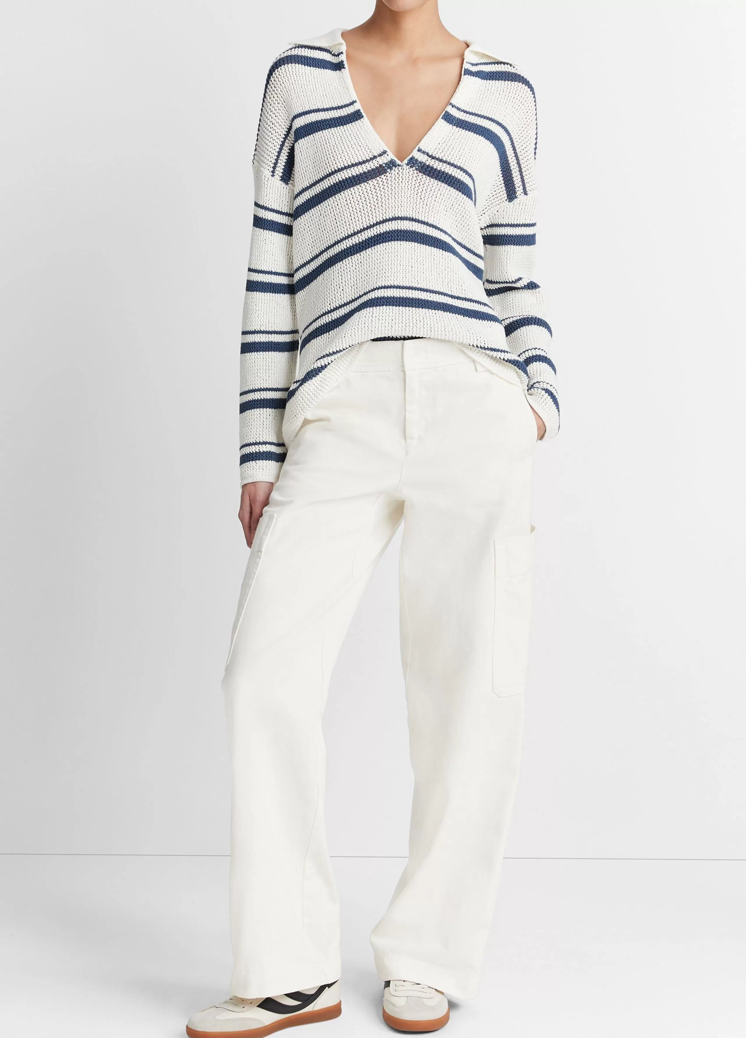 Women Vince Striped Rack-Ribbed Cotton Pullover